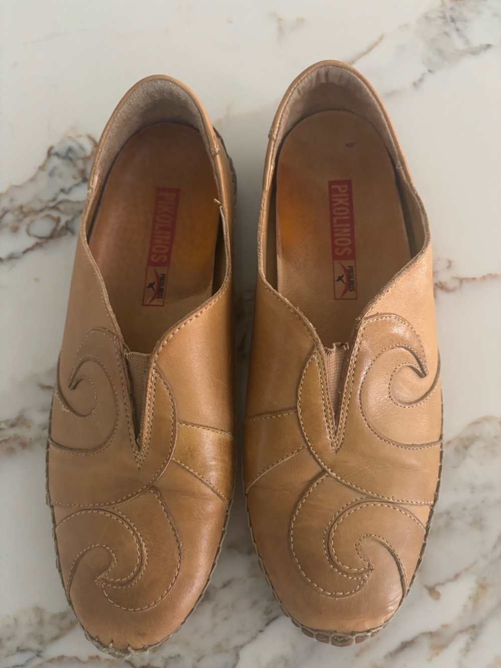 PIKOLINOS Tan Leather Slip-On Loafers with Swirl Stitching